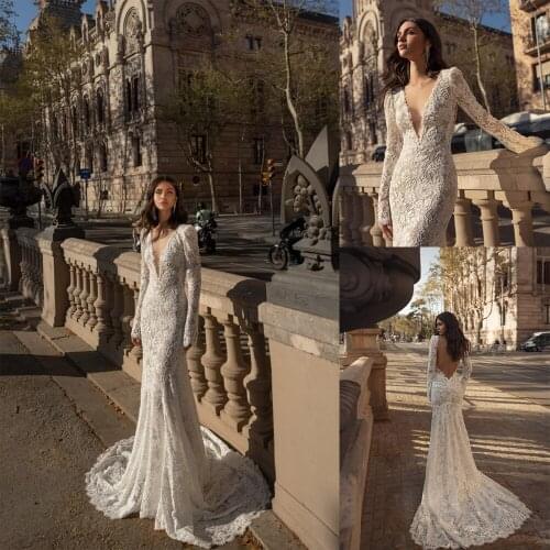2020 Long Sleeves Mermaid Wedding Dresses Deep V Neck Lace Backless Boho Sweep Train Bridal Dress Custom Made