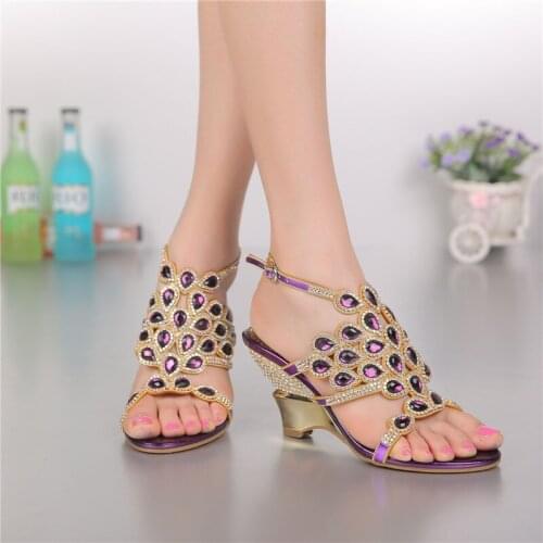 2018 Summer New Purple Womens Fashion Roman Luxury Buckle Bridal Shoes Online Diamond High Heeled Wedding Sandals High Quality