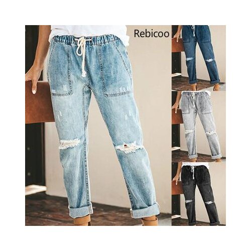 Women Street Casual Jeans Elastic Waist Ripped Hole Denim Jean Plus Size Straight Pants Trousers