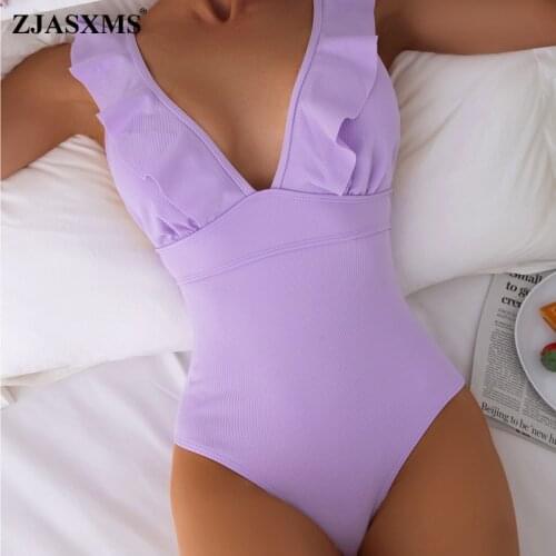 Sexy Deep V Neck Ruffle Summer One Piece Swimsuit Women Sexy Backless String Bandage Bikini Swimwear Solid Female Bathing Suit