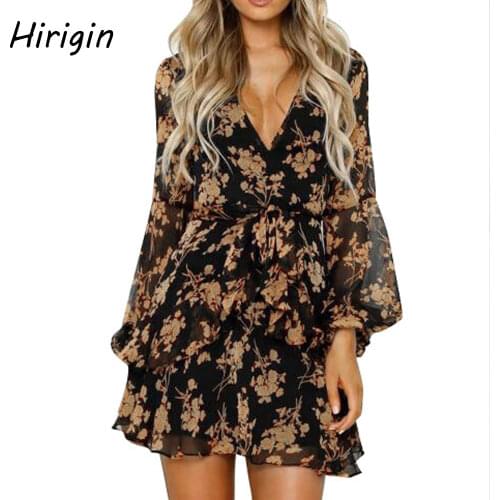 2020 Summer Mini Dress Women Floral Print Ruffles Chiffon Dress Boho Style Beach Sundress puff Sleeve Wrapped dress Party Dress