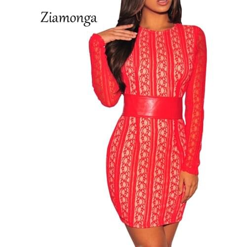 Ziamonga Elegant Lace Patchwork Party Dresses Long Sleeve Autumn Winter Mini Short Dress Women Sexy High Waist Ladies Lace Dress