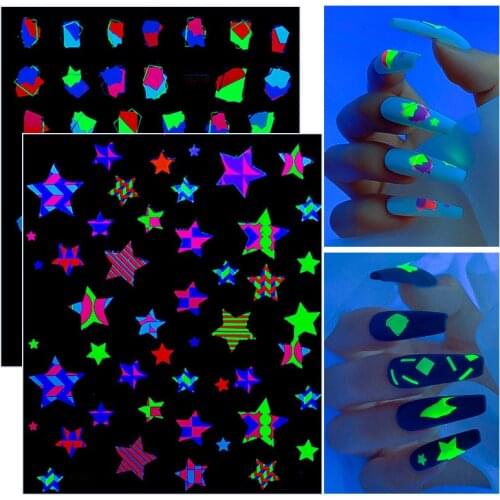 1Sheet Fluorescent Color Five-Pointed Star Bow Nail Adhesive Applique Adhesive 3D Gel Polish Nail Tips Decoration Manicure