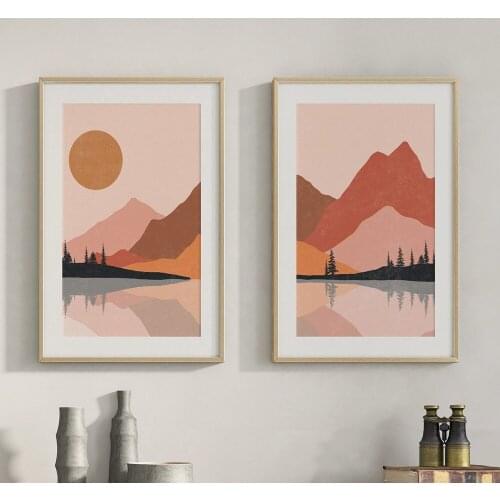 Abstract Sun Landscape Painting Terracotta Wall Art Canvas Print Mountain Lake Modern Minimalist Poster Living Room Wall Decor