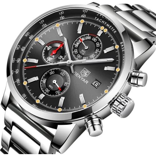 BENYAR Fashion Chronograph Sport Mens Watches Top Brand Luxury Military Stainless Steel Strap Quartz Watch Relogio Masculino