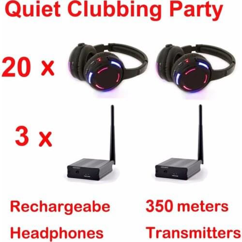 Silent Disco complete system black led wireless headphones - Quiet Clubbing Party Bundle (20 Headphones + 3 Transmitters)
