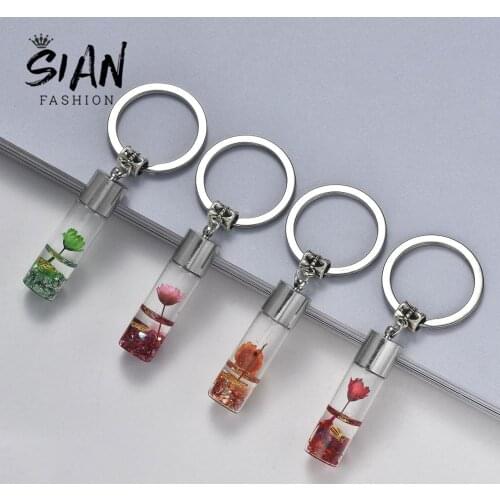 SIAN Dried Flower Drift Bottle Keychain Handmade Resin Beauty In Bottle Alloy Chain Statement Beautiful Wish Bottle Key Ring