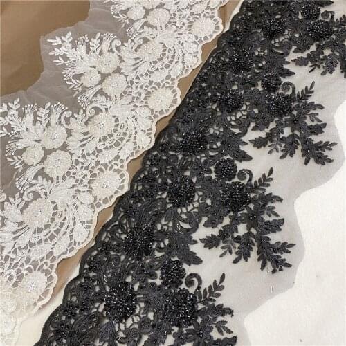 Black And Off White Striped Flower Lace Trim Handmade Beaded High-End Lace Neckline Waist Decoration 24cm Hight
