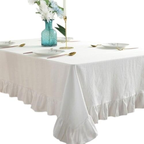 D0AC Rustic Vintage Flounces Ruffle Trim Tablecloth Washable Cotton Linen Rectangular Table Cover for Kitchen Farmhouse Wedding