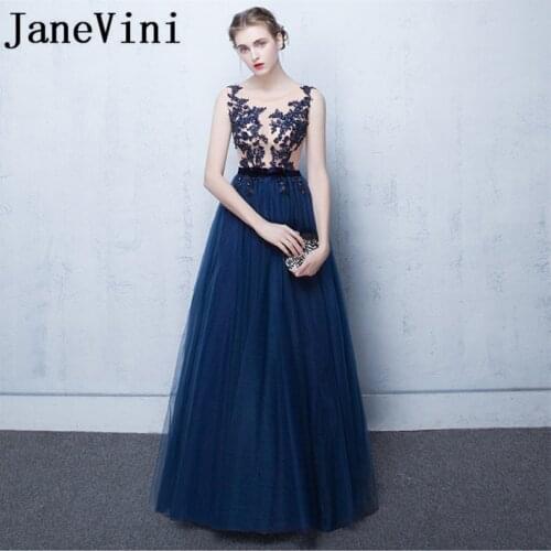 JaneVini Navy Blue Elegant Long Bridesmaid Dresses Sheer Scoop Neck Lace Appliques Beads A-Line Floor Length Maid Of Honor Gowns