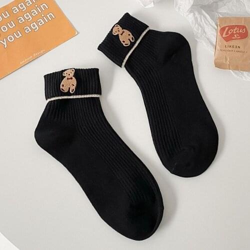Adult Short Ankle Calf Crew Socks Daily School Cartoon Gentle Little Coffee Brown Bear Kawaii Cute Cartoon Bow Sweet Soft Girl