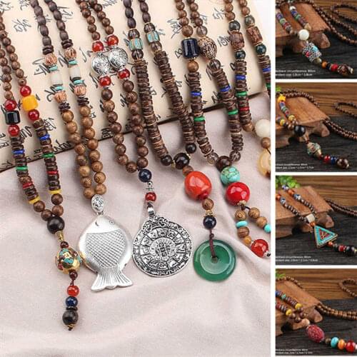 Fashion retro national style wooden bead pendant long sweater chain men and women Buddha bead necklace accessories