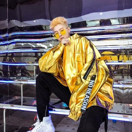 Men Stand Collar Stage Costume Loose Casual Windbreaker Male Reflective Jacket Streetwear Hip Hop Jacket Shinning Jacket