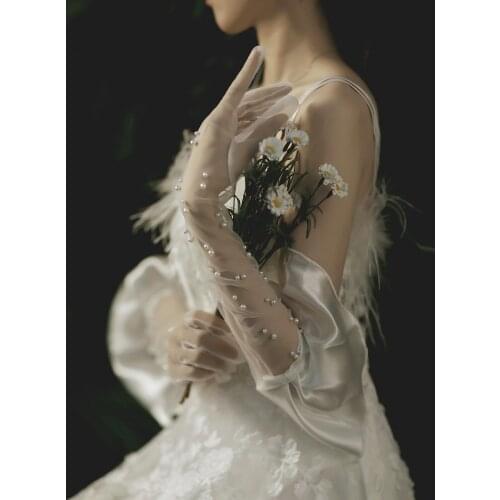 Popodion Bridal Gloves Pearl Long Gloves Women White Retro Photography Bride Gloves Wedding Accessories ROM80246