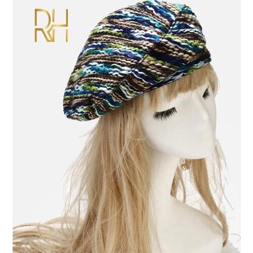 2020 Womens Bohemina Knit Beret Hat Ladies French Artist Beanie Beret Hats Winter Spring Casual Acrylic Painter Cap for Women