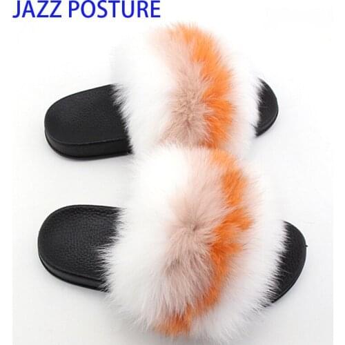 Hot female summer real fox fur slippers women non-slip fluffy fur slippers women furry slippers ladies cute plush fox fur slippe