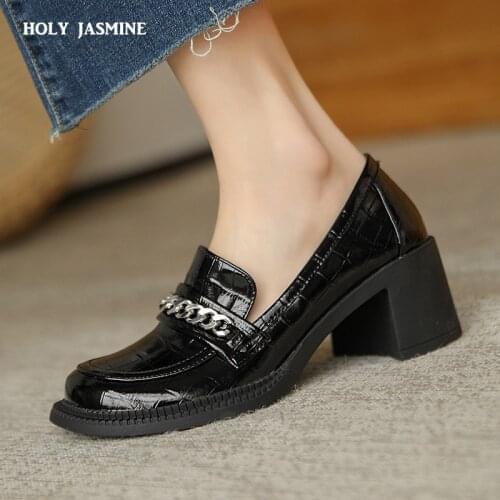 Genuine Leather High Heels Loafers Shoes Women Round Toe Pumps Metal Decoration Thick Heels Footwear Slip on Shoes Black 2021