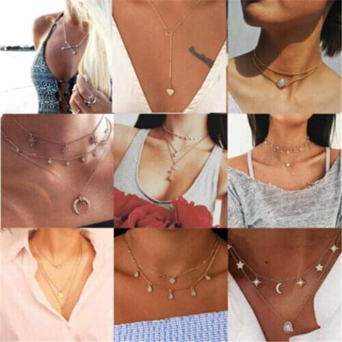 Vintage Multilayer Crystal Pendant Necklace Women Beads Moon Star Horn Crescent Choker Necklaces Jewelry New