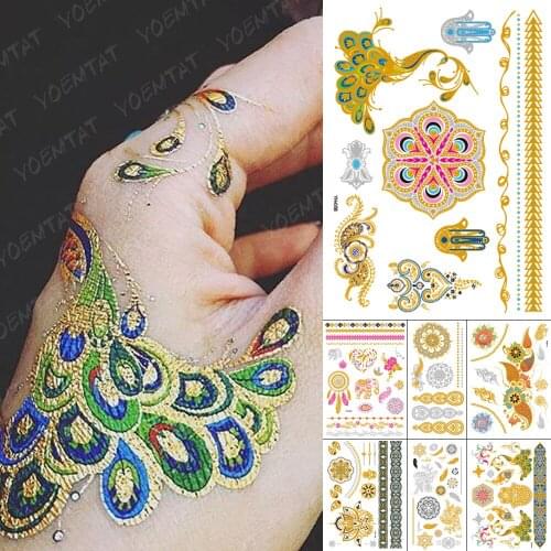 Waterproof Temporary Tattoo Sticker Lotus Peacock Gold Silver Metallic Flash Tatoo Boho Henna Mandala Jewelry Glitter Body Art