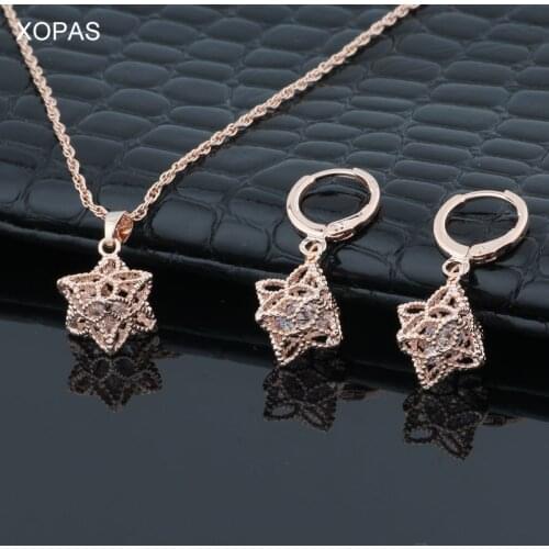 XOPAS Hot Sale Zircon Jewelry Set Fashion Square Earrings & Necklace/ Pendant Set Fashion Cube Hollow-out Jewelry