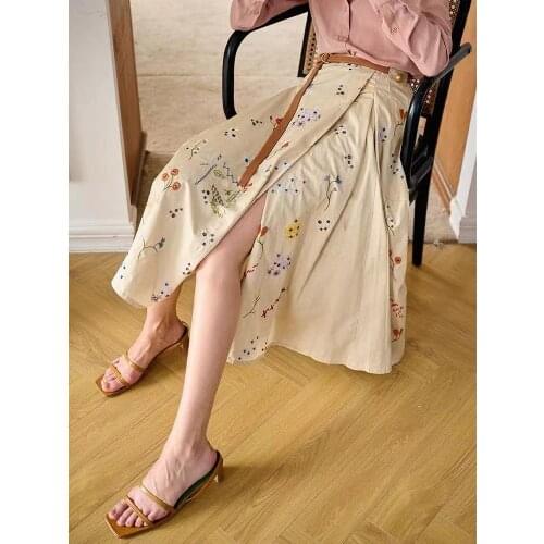 Women Skirts Summer Spring Autumn Mid-Calf Length A-Line Floral Elegant High Street Chic Fashion Top