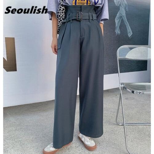 Seoulish 2021 New Casual Loose Wide Leg Womens Pants with Belted High Waist Female Elegant Minimalism Office Workwear Trousers