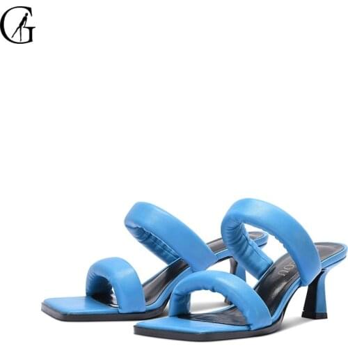 GOXEOU Womens Slippers Blue PU Square Toe 6 CM Thick Heel Fashion Casual Comfortable Office Lady Sandals Size 35-37