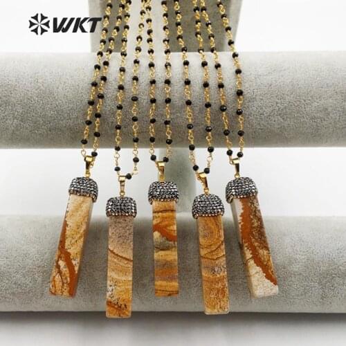 WT-NV205 Vintage Design Rectangle Shape Natural Picasso Stone With Rhinestone Paved In Top Pendant Black Rosary Chain Necklace