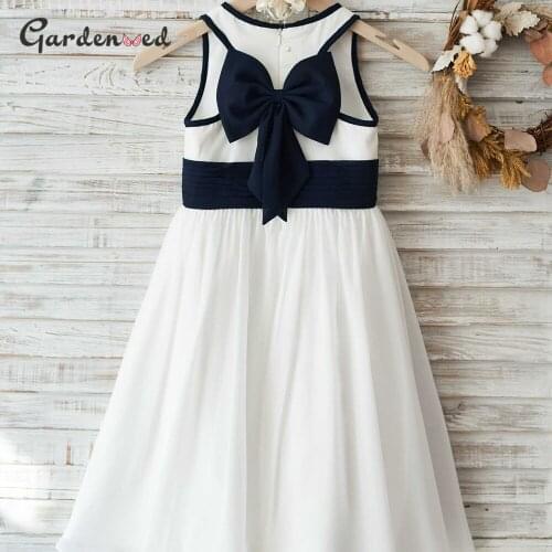 Ivory Satin First Communion Dress Navy Satin Bow Baby Ball Gown Dress Girl Tulle Layers Little Bride Dresses Flower Girl Dresses