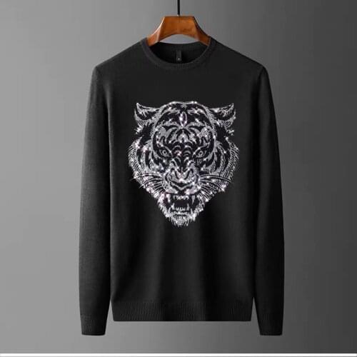 European Animal Brand Rhinestone Mens Sweater Slim Street Knitted Pullover Thick Exquisite Keep Warm Long Sleeves