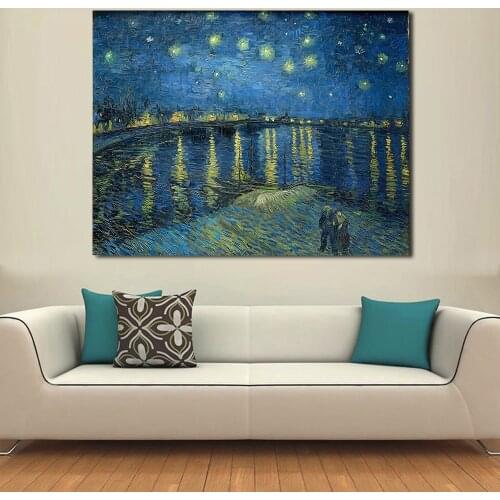 JQHYART Starry Night Over the Rhone by Vincent van Gogh print oil painting on Canvas wall painting picture for Living Room