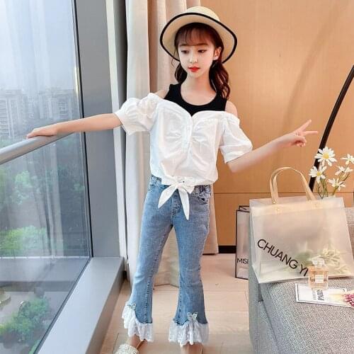 Summer Clothes for Girls Children Sets Fashion Cute White Off Shoulder Top + Jeans Baby Girls Boutique Outfits 8 10 12 Year