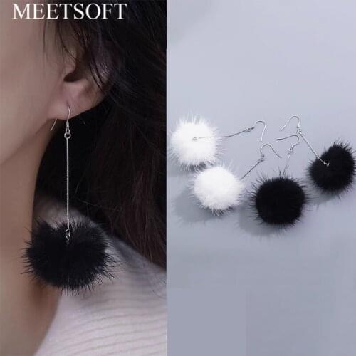 MEETSOFT 925 Silver Prevent Allergy Fashion Drop Earrings for Women Trendy Multicolor Fluff ball Cute Plush Jewelry Gift