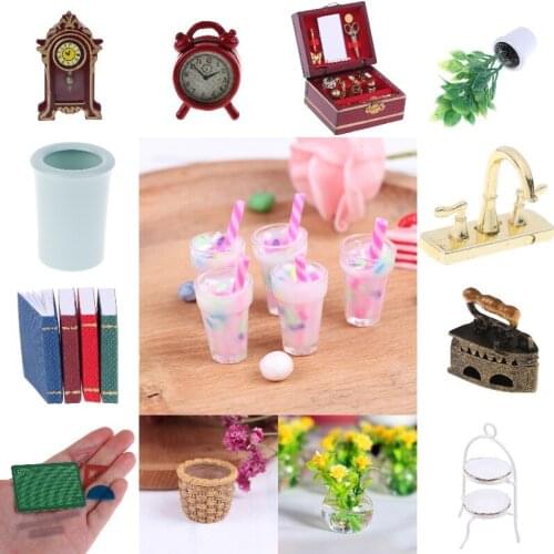 Mini 1/12 Miniature Wall Clock Bird Cage Trash Can Candy Bottle Milk Tea Dollhouse Furniture Toys Doll House Decoration Access