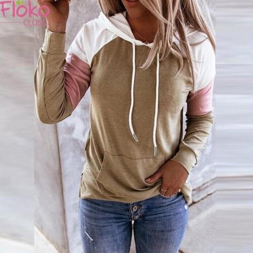 Flokocloset Autumn Contrast Color Hooded Sweatershirt Casual Long Sleeved Women Hoodies Streetwear Pullovers Pockets Tops