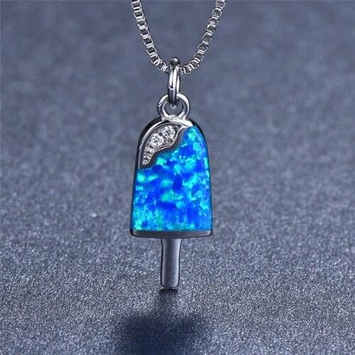 Female Cute Small Popsicle Pendant Necklace White Blue Opal Stone Necklace Boho Rose Gold Silver Color Chain Necklaces For Women