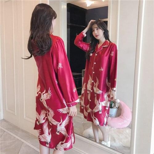 Nightwear sexy long sleeved crane extended sleeping wear simulation silk large size home clothes