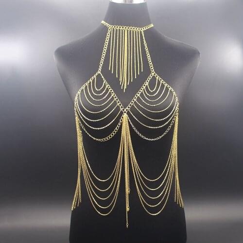 Luxury Fashion Shiny Sexy Body Belly Gold Color Full Chain Body Chain Bra Slave Harness Necklace Leaf Pendant Waist Jewelry