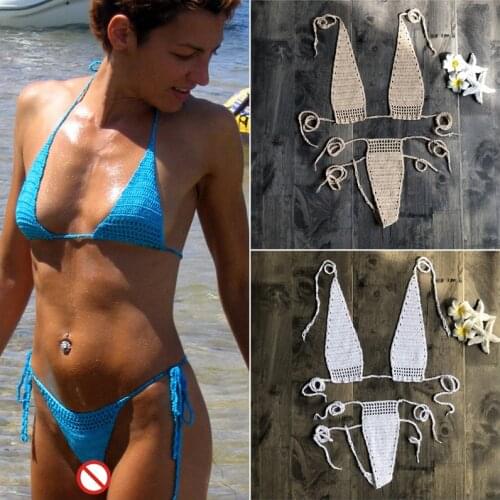 Blue Micro Bikini Trikini Crochet Bikini Swimming Suit for Women Bra and Panty Set Sexy Swimsuit Brazilian String Push Up Black