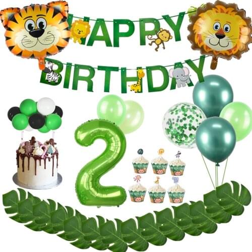 2nd Birthday Party Decoration Green 2 Birthday Balloons Number Banner 2 Year Old Kids Two Birthday Cartoon Animal Party Supplie