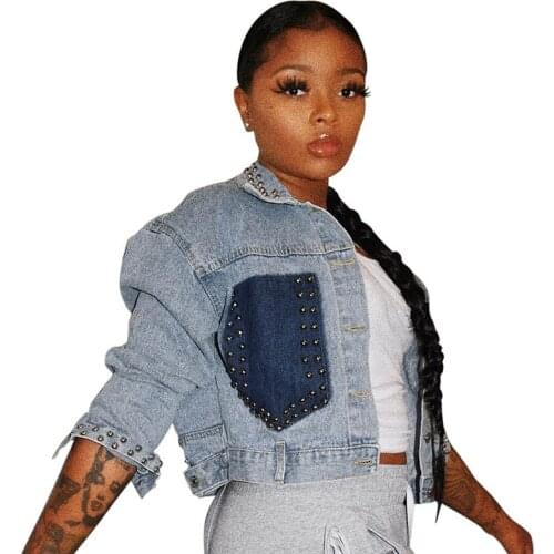 Women clothing vendor Wholesales Color Block Short Beaded Denim Jacket