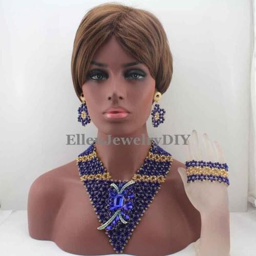 Amazing Royal Blue Beads Women Jewelry Necklace Set Indian Costume Bridal African Statement Jewellery Free Shipping W13360