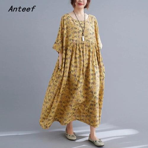 Short sleeve plus size cotton vintage floral dresses for women casual loose long woman summer dress elegant clothes 2021