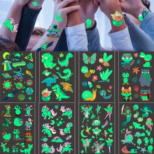 12PCS Temporary Tattoo Stickers Luminous Child Kid Fake Unicorn Tattoos Glow Paste on Face Arm Leg for Children Body Art Sticker