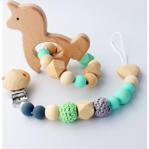 2pcs/set Baby Pacifier Clips + Baby Teethers Wood Silicone Speenkoord Infant Dummy Holder Pacifier Leash Cadena Chupete BPA Free