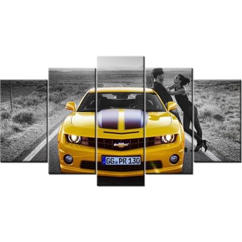 5 Pieces Canvas Wall Art Lovers and Chevrolet Camaro Supercar Paintings HD Printed Posters Modular Pictures