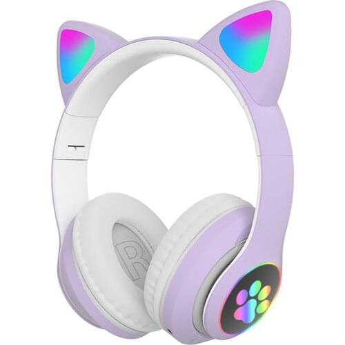 STN-28 Over Ear Music Headset Glowing Cat Ear Headphones Foldable Wireless BT5.0 Earphone with Mic LED Lights for PC Phone