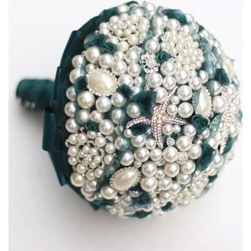 Teal blue pearl brooch bouquet Bride Bridal crystal Wedding Bouquet custom made bouquets