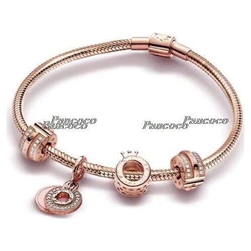 925 Sterling Silver Rose Sparkling Logo & Crown O With Crystal Pendant Beaded Bracelet For Women Wedding Gift Fashion Jewelry