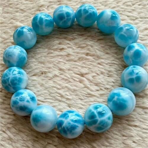 Precious Natural Blue Larimar Gems Stone Bracelets For Women Men 16mm Stretch Crystal Round Bead Natural Larimar Bracelet
